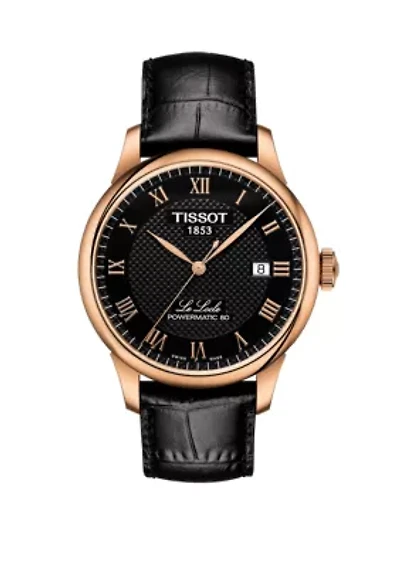 Rose Gold-Tone Stainless Steel Swiss Le Locle Black Leather Strap Watch 
