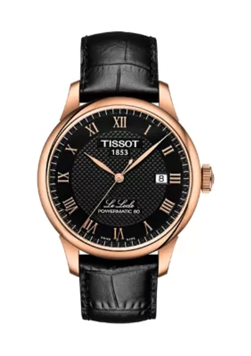 Rose Gold-Tone Stainless Steel Swiss Le Locle Black Leather Strap Watch 