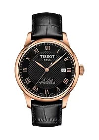 Rose Gold-Tone Stainless Steel Swiss Le Locle Black Leather Strap Watch 