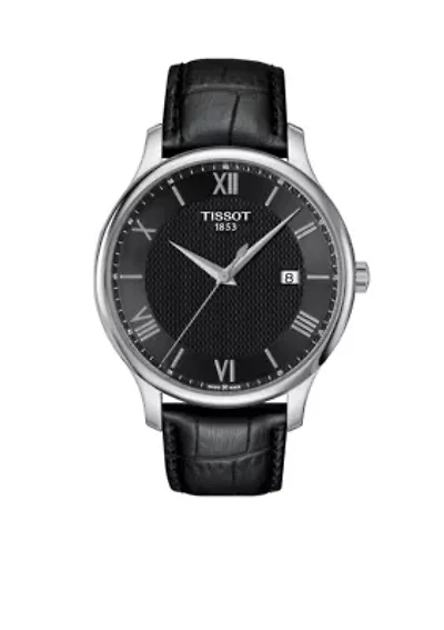 Men's Tradition Quartz Black Dial Leather Strap Watch