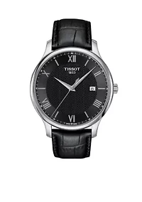 Men's Tradition Quartz Black Dial Leather Strap Watch
