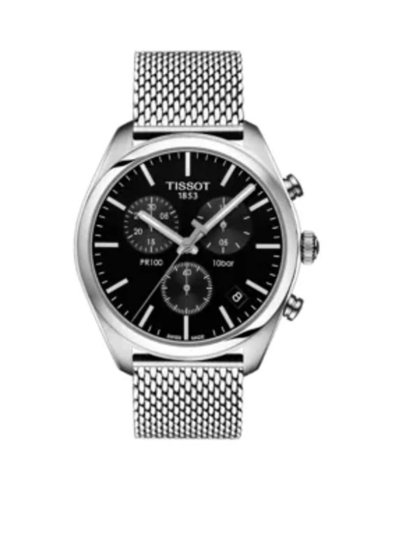 Tissto Stainless Steel Men's Swiss Chronograph T-Classic PR 100 Stainless Steel Mesh Bracelet Watch 