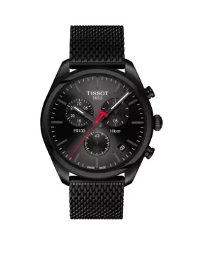 Men's Stainless Steel Swiss Chronograph T-Classic PR 100 Black PVD Stainless Steel Mesh Bracelet Watch