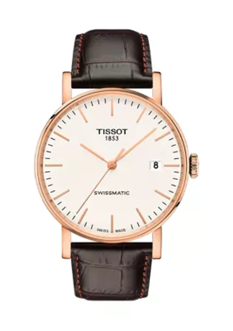 Men's Rose Gold Tone Stainless Steel Swiss Automatic Every Time Swissmatic Dark Brown Leather Strap Watch