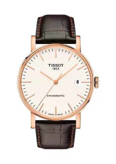 Men's Rose Gold Tone Stainless Steel Swiss Automatic Every Time Swissmatic Dark Brown Leather Strap Watch