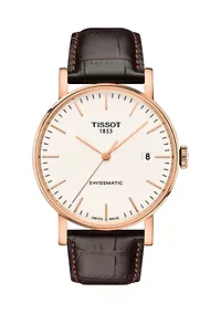 Men's Rose Gold Tone Stainless Steel Swiss Automatic Every Time Swissmatic Dark Brown Leather Strap Watch