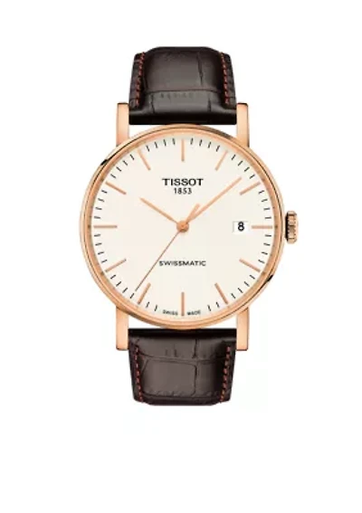 Men's Rose Gold Tone Stainless Steel Swiss Automatic Every Time Swissmatic Dark Brown Leather Strap Watch