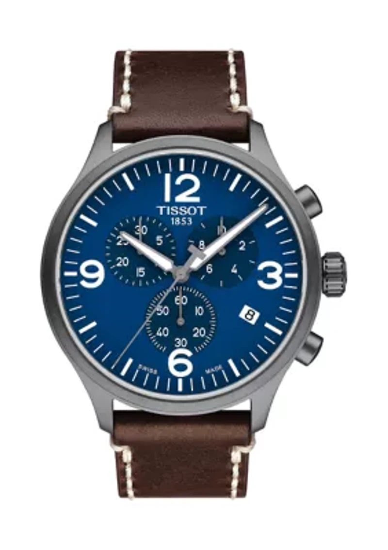 Men's Stainless Steel Swiss Chrono XL Brown Leather Strap Watch
