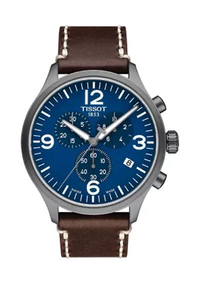 Men's Stainless Steel Swiss Chrono XL Brown Leather Strap Watch 