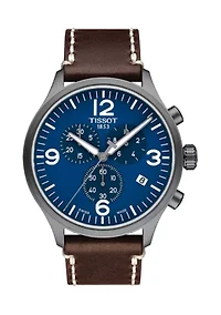 Men's Stainless Steel Swiss Chrono XL Brown Leather Strap Watch 