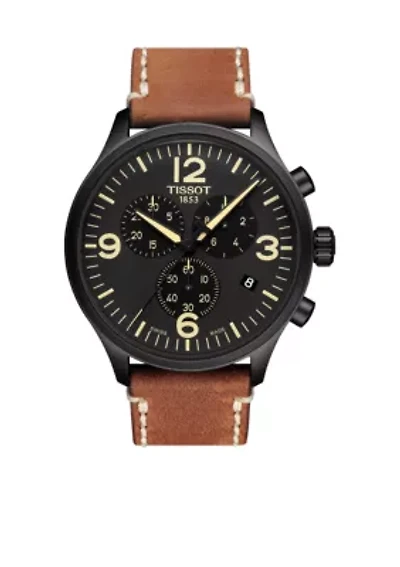 Men's Stainless Steel Swiss Chrono XL Brown Leather Strap Watch 