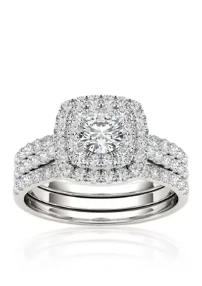 1 1/2 ct. t.w. Double Halo Engagement Ring Set with Two Bands 10k White Gold