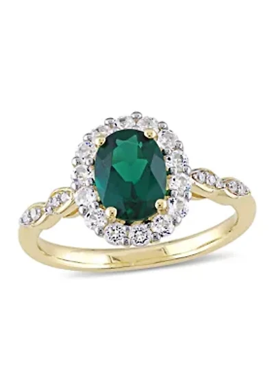 Oval Created Emerald, White Topaz and Diamond Accent Vintage Ring 14K Yellow Gold