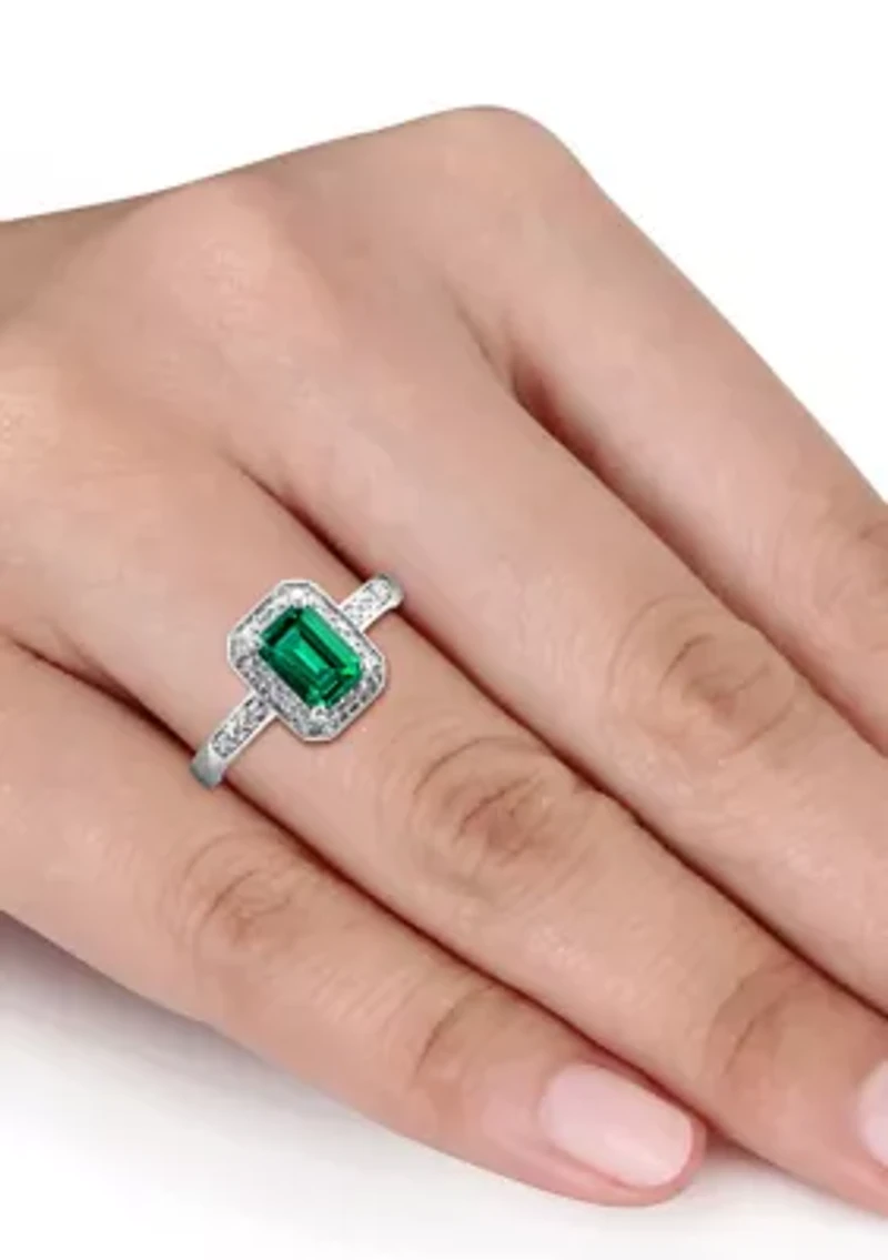 7/8 ct. t.w. Created Emerald and Diamond-Accent Halo Ring Sterling Silver