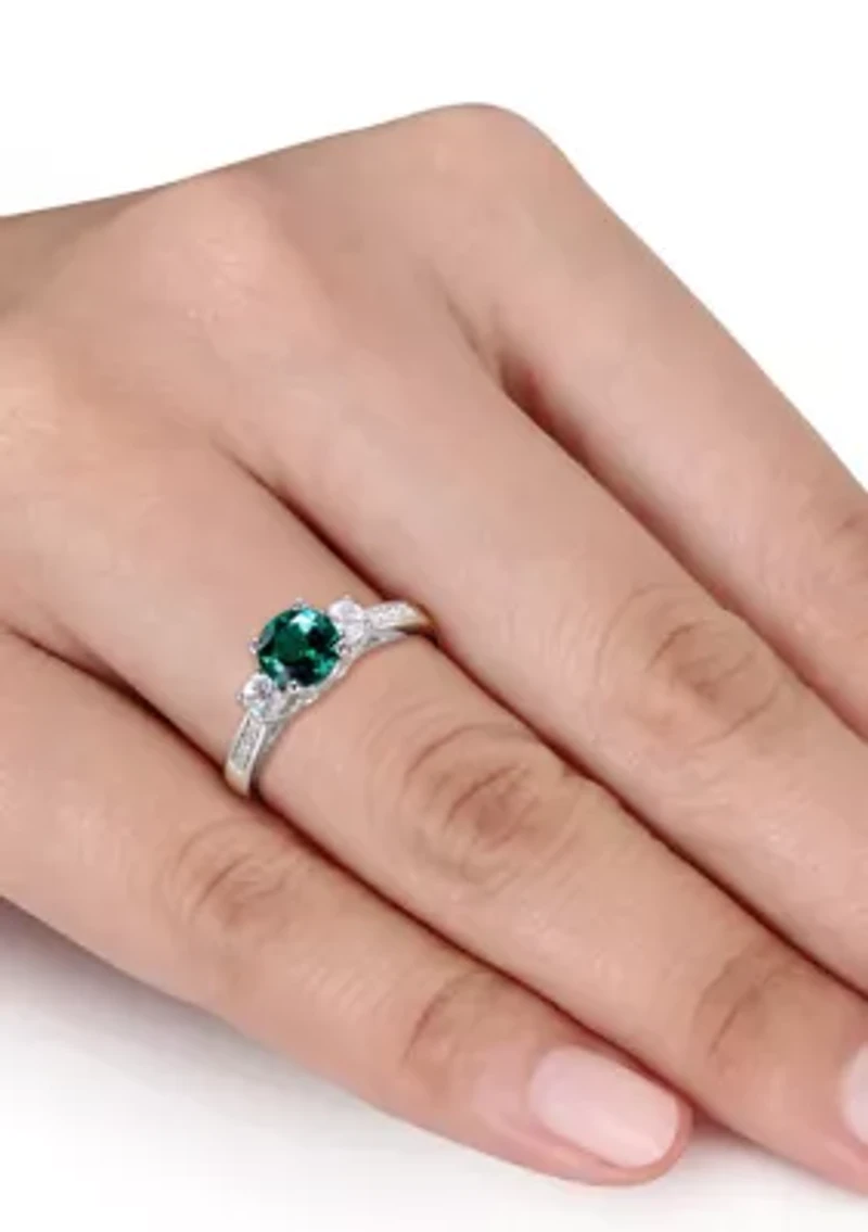 Lab Created Emerald and White Sapphire with Diamond Accent 3-Stone Ring 10K Yellow Gold
