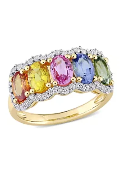 3.33 ct. t.w. Multi-Color Sapphire 5-Stone Halo Ring 14K Yellow Gold