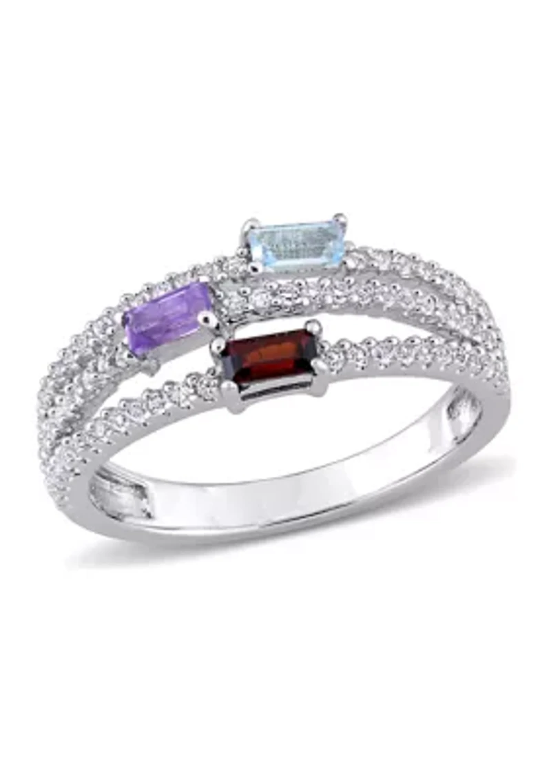 3/4 ct. t.w. Multi-Gemstone Split-Shank Multi-Row Ring Sterling Silver