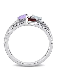 3/4 ct. t.w. Multi-Gemstone Split-Shank Multi-Row Ring Sterling Silver