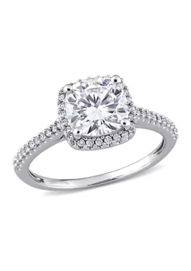 Lab Created 2 ct. t.w. Cushion-Cut Moissanite and 1/4 Diamond Halo Engagement Ring 14k White Gold