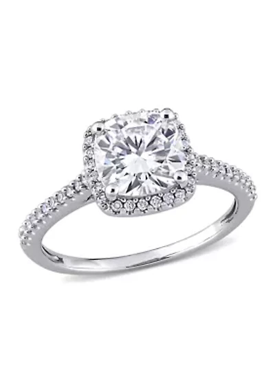 Lab Created 2 ct. t.w. Cushion-Cut Moissanite and 1/4 Diamond Halo Engagement Ring 14k White Gold