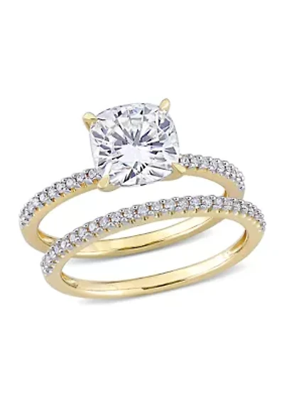 Lab Created 2 ct. t.w. Cushion Moissanite and 1/4 Diamond Bridal Ring Set 14k Yellow Gold