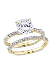 Lab Created 2 ct. t.w. Cushion Moissanite and 1/4 Diamond Bridal Ring Set 14k Yellow Gold