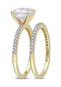 Lab Created 2 ct. t.w. Cushion Moissanite and 1/4 Diamond Bridal Ring Set 14k Yellow Gold
