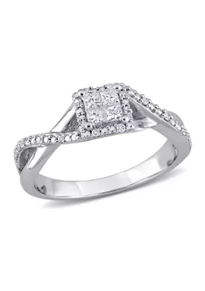 1/4 ct. t.w. Diamond Princess-Cut Halo Crisscross Engagement Ring Sterling Silver