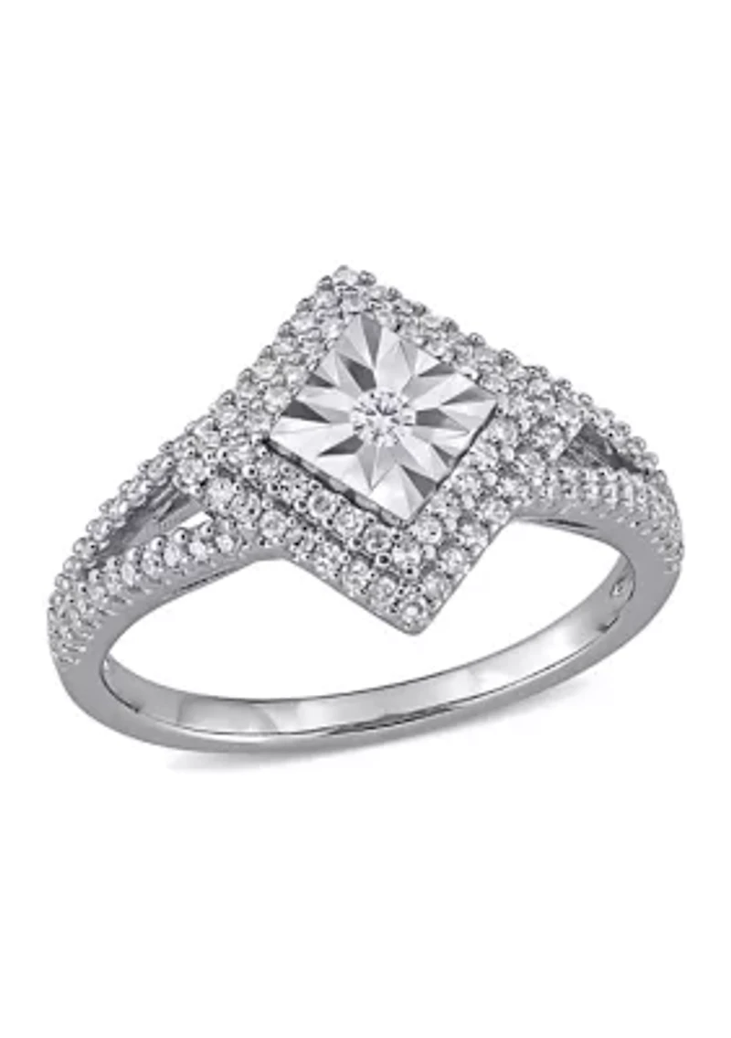 1/2 ct. t.w. Diamond Halo Split Shank Engagement Ring Sterling Silver