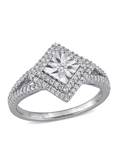 1/2 ct. t.w. Diamond Halo Split Shank Engagement Ring Sterling Silver
