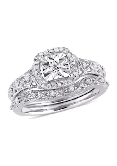 1/5 ct. t.w. Diamond Halo Vintage Bridal Set Sterling Silver