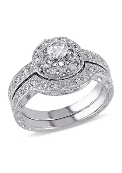 1/3 ct. t.w. Created White Sapphire and 1/10 Diamond Vintage Bridal Set Sterling Silver