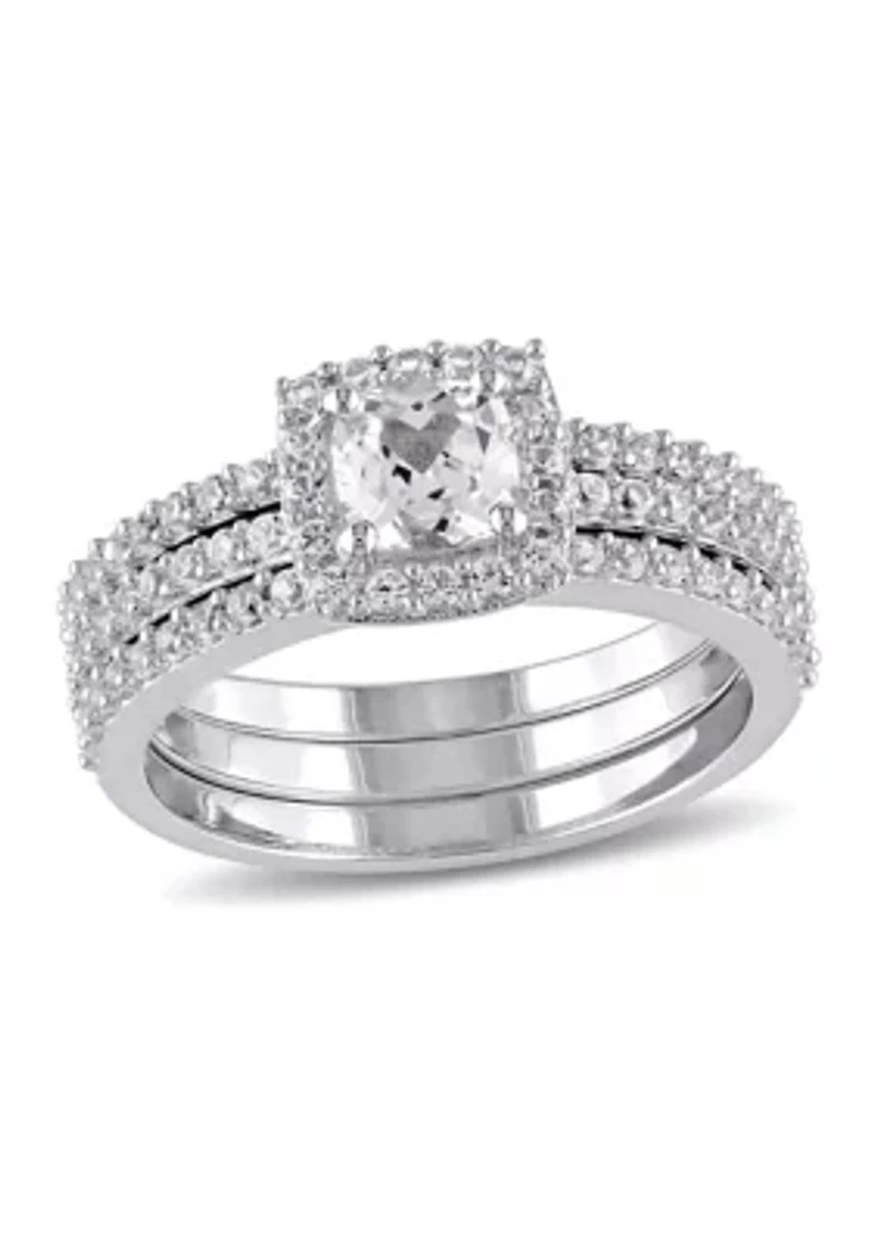 1.5 ct. t.w. Created White Sapphire Halo 3-Piece Bridal Set Sterling Silver