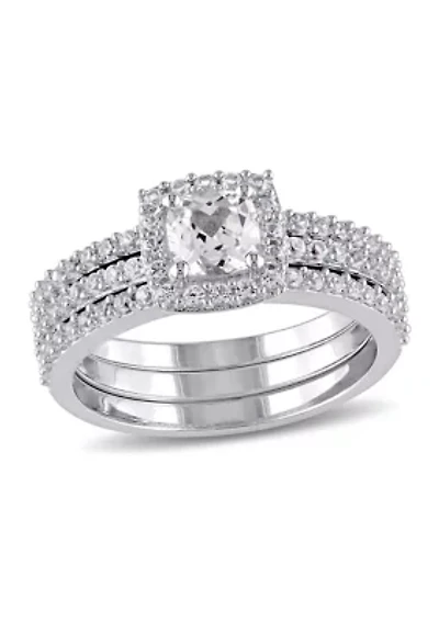 1.5 ct. t.w. Created White Sapphire Halo 3-Piece Bridal Set Sterling Silver
