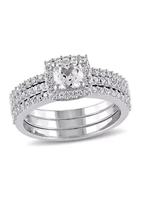 1.5 ct. t.w. Created White Sapphire Halo 3-Piece Bridal Set Sterling Silver