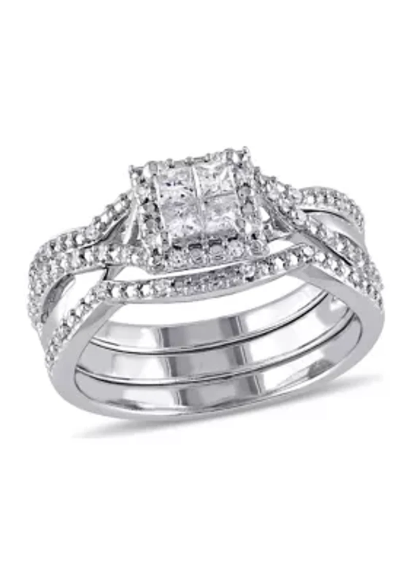 1/2 ct. t.w. Diamond Princess Cut Halo 3-Piece Bridal Set Sterling Silver
