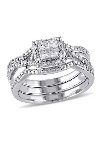 1/2 ct. t.w. Diamond Princess Cut Halo 3-Piece Bridal Set Sterling Silver