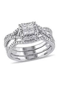1/2 ct. t.w. Diamond Princess Cut Halo 3-Piece Bridal Set Sterling Silver