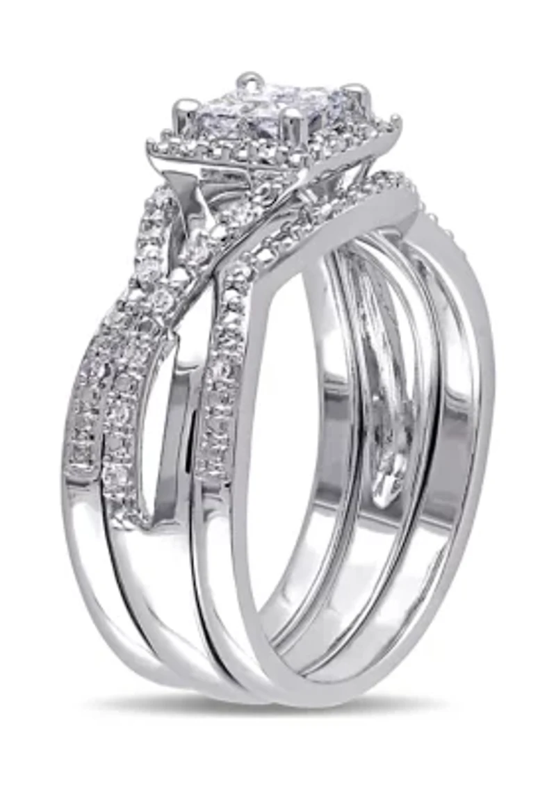 1/2 ct. t.w. Diamond Princess Cut Halo 3-Piece Bridal Set Sterling Silver