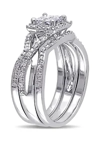1/2 ct. t.w. Diamond Princess Cut Halo 3-Piece Bridal Set Sterling Silver