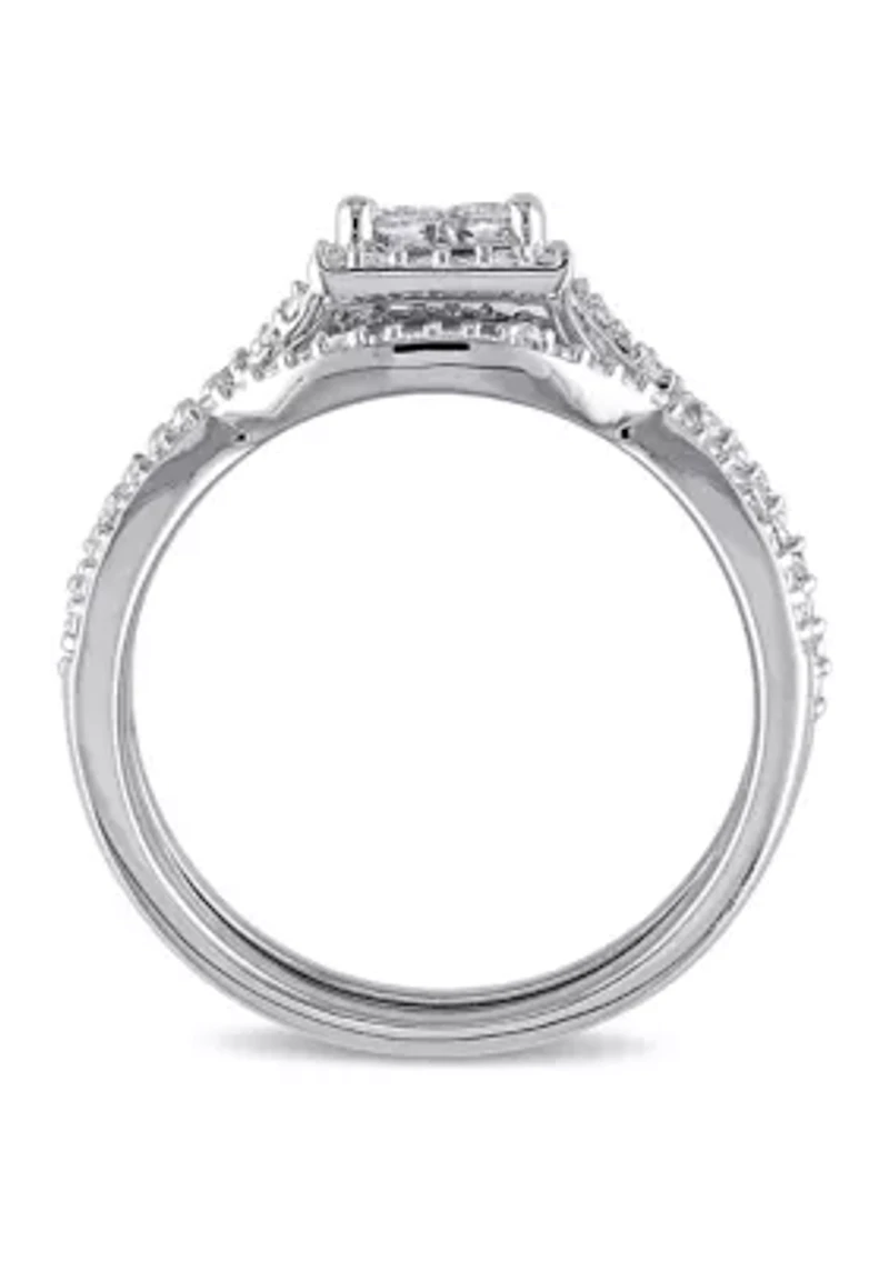 1/2 ct. t.w. Diamond Princess Cut Halo 3-Piece Bridal Set Sterling Silver