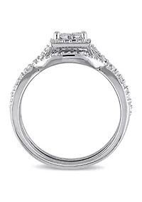 1/2 ct. t.w. Diamond Princess Cut Halo 3-Piece Bridal Set Sterling Silver