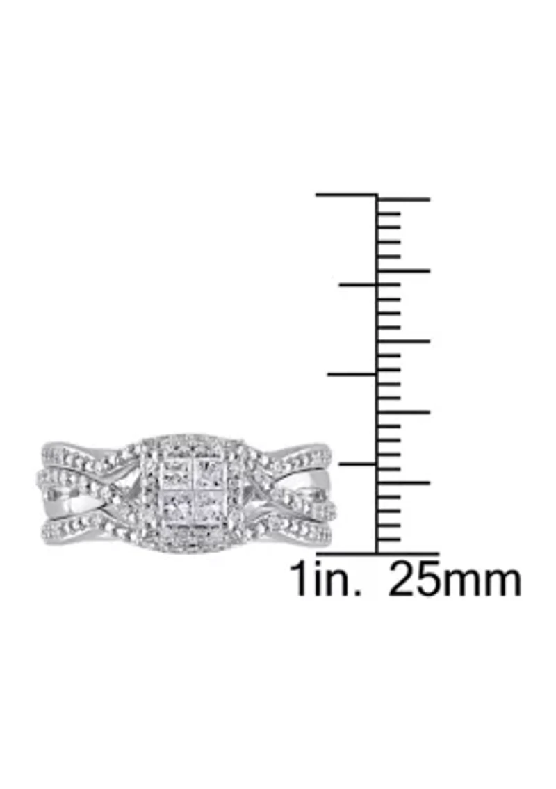 1/2 ct. t.w. Diamond Princess Cut Halo 3-Piece Bridal Set Sterling Silver