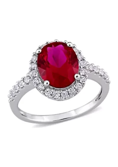 4.15 ct. t.w. Created Ruby and 3/5 White Sapphire Halo Engagement Ring 10K Gold