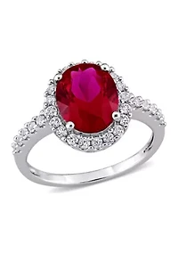 4.15 ct. t.w. Created Ruby and 3/5 White Sapphire Halo Engagement Ring 10K Gold