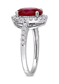 4.15 ct. t.w. Created Ruby and 3/5 White Sapphire Halo Engagement Ring 10K Gold