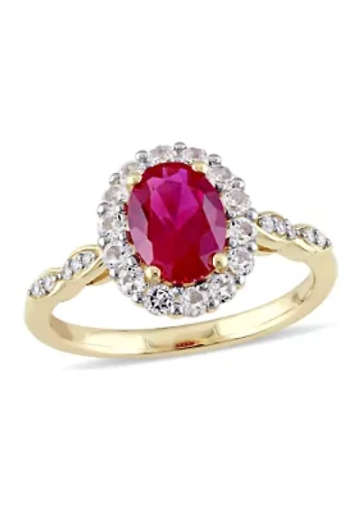 Created Ruby, White Topaz and Diamond Accent Oval Vintage Ring 14k Yellow Gold