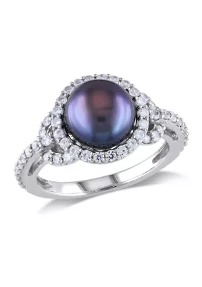 8.5-9 MM Black Cultured Freshwater Pearl and Cubic Zirconia Ring Sterling Silver