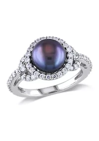 8.5-9 MM Black Cultured Freshwater Pearl and Cubic Zirconia Ring Sterling Silver