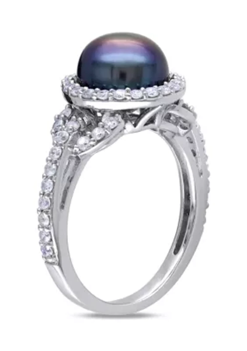 8.5-9 MM Black Cultured Freshwater Pearl and Cubic Zirconia Ring Sterling Silver